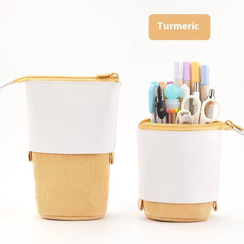 Soft PU corduroy telescopic pencil case in purple colour with drop-down open design.
