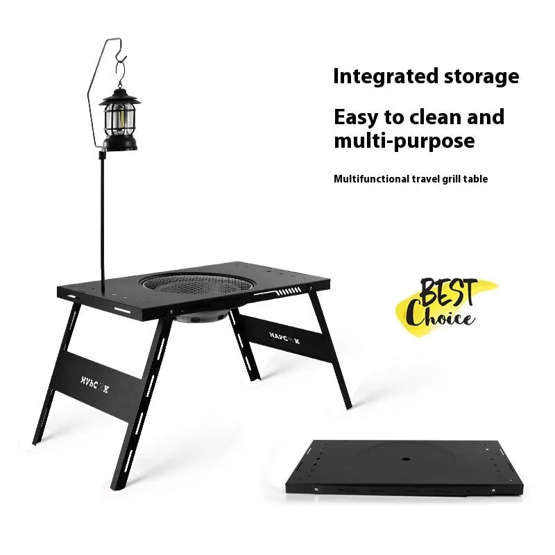 Folding black camping cooking tea table that functions as both barbecue stove and dining surface