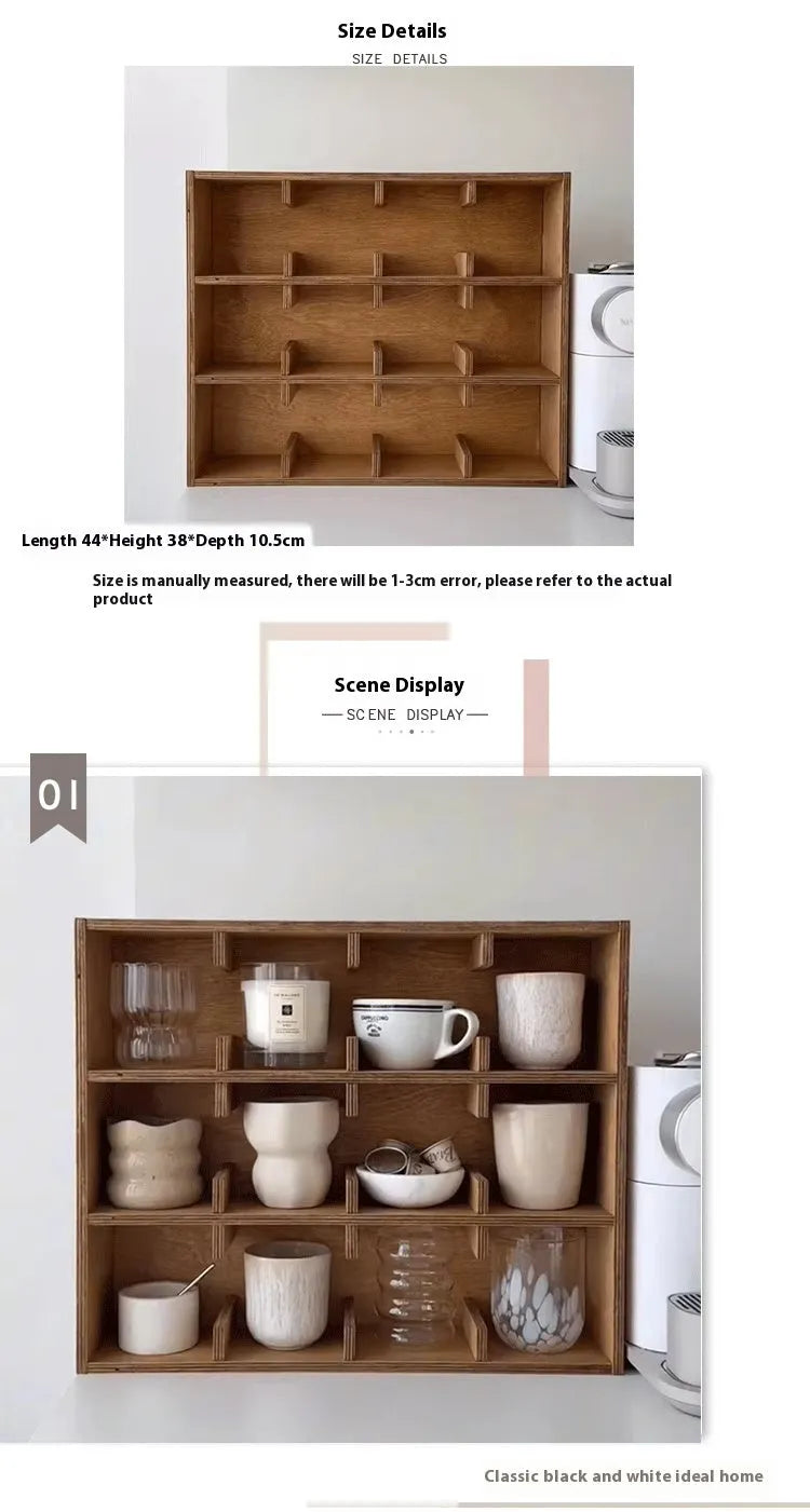 Square solid wood cup storage rack with multiple grid compartments in birch wood meridian colour