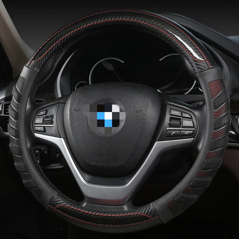 D-type steering wheel cover with 3D honeycomb pattern in carbon fiber fabric, fits 38cm wheel