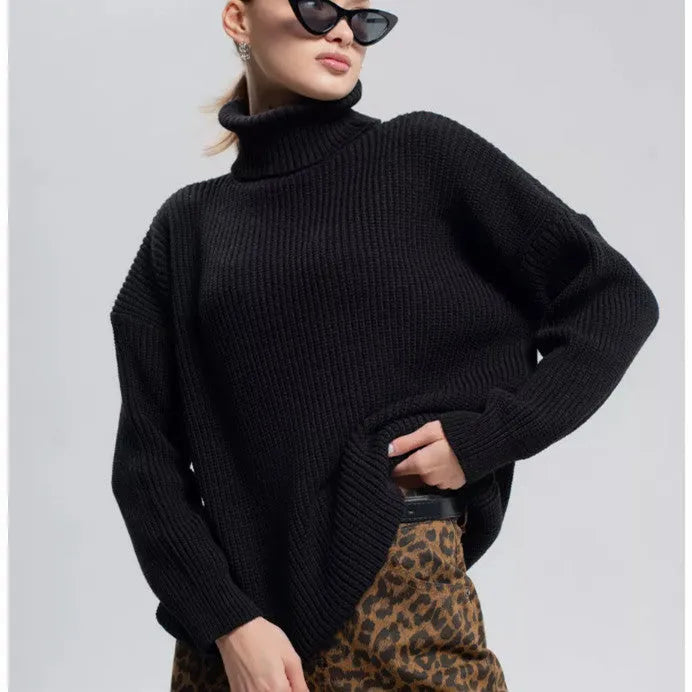 Women's solid colour high neck pullover sweater in imitation cashmere fabric on a hanger.