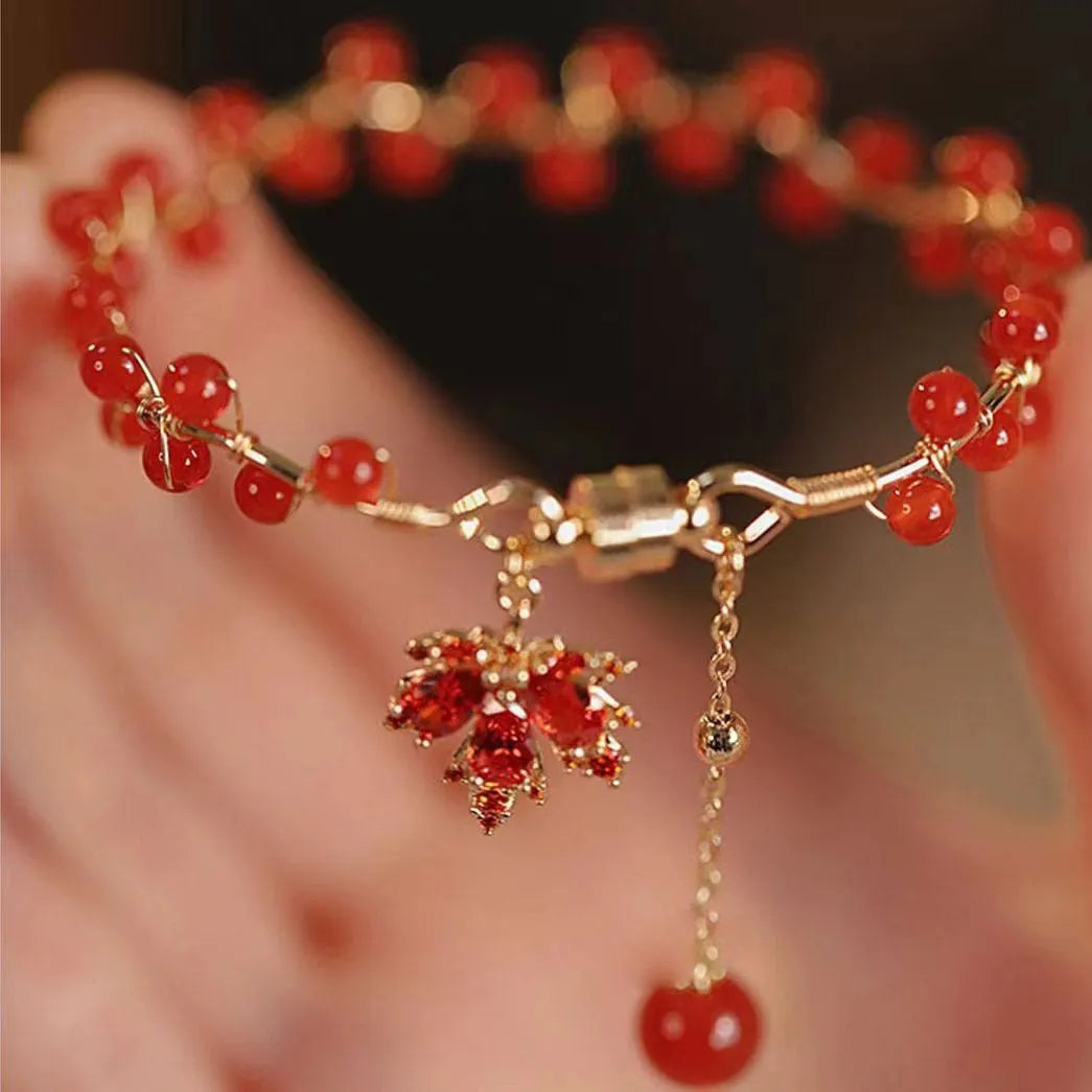 Red ginkgo leaf magnetic bracelet with electroplated alloy finish and adjustable sizing