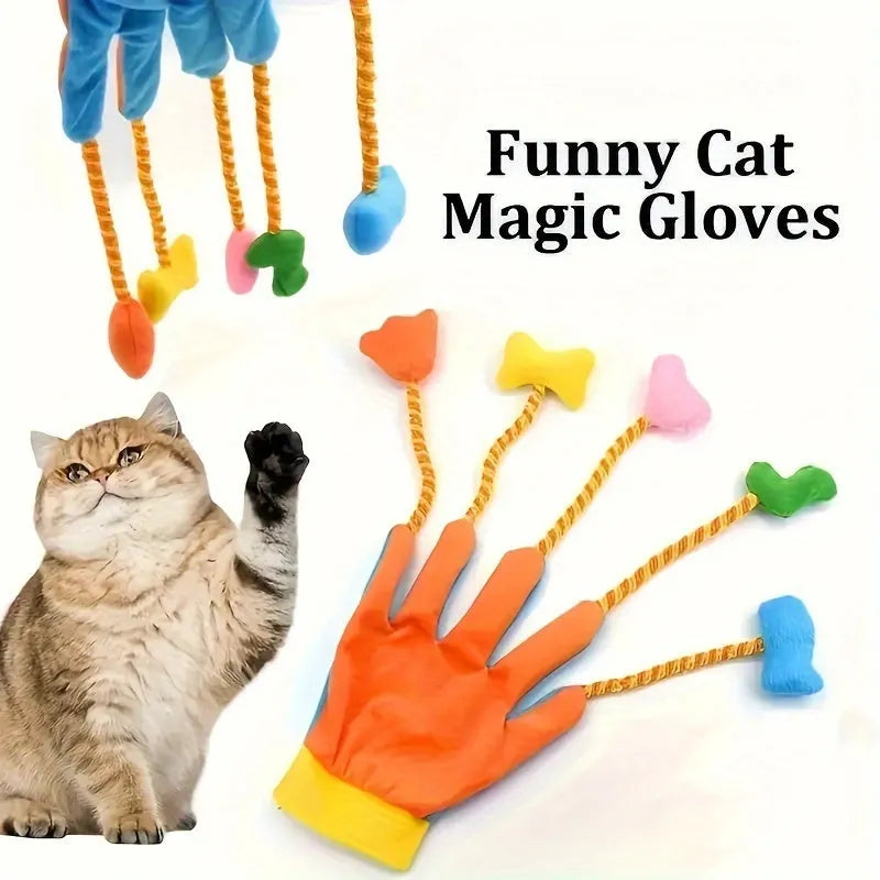 Yellow and blue plush magic glove trailer cat toy with integrated bell inside for interactive pet play
