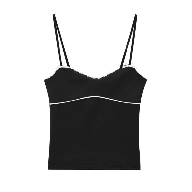 Women's black slim-fit halter spaghetti straps knitted vest with geometric pattern on model