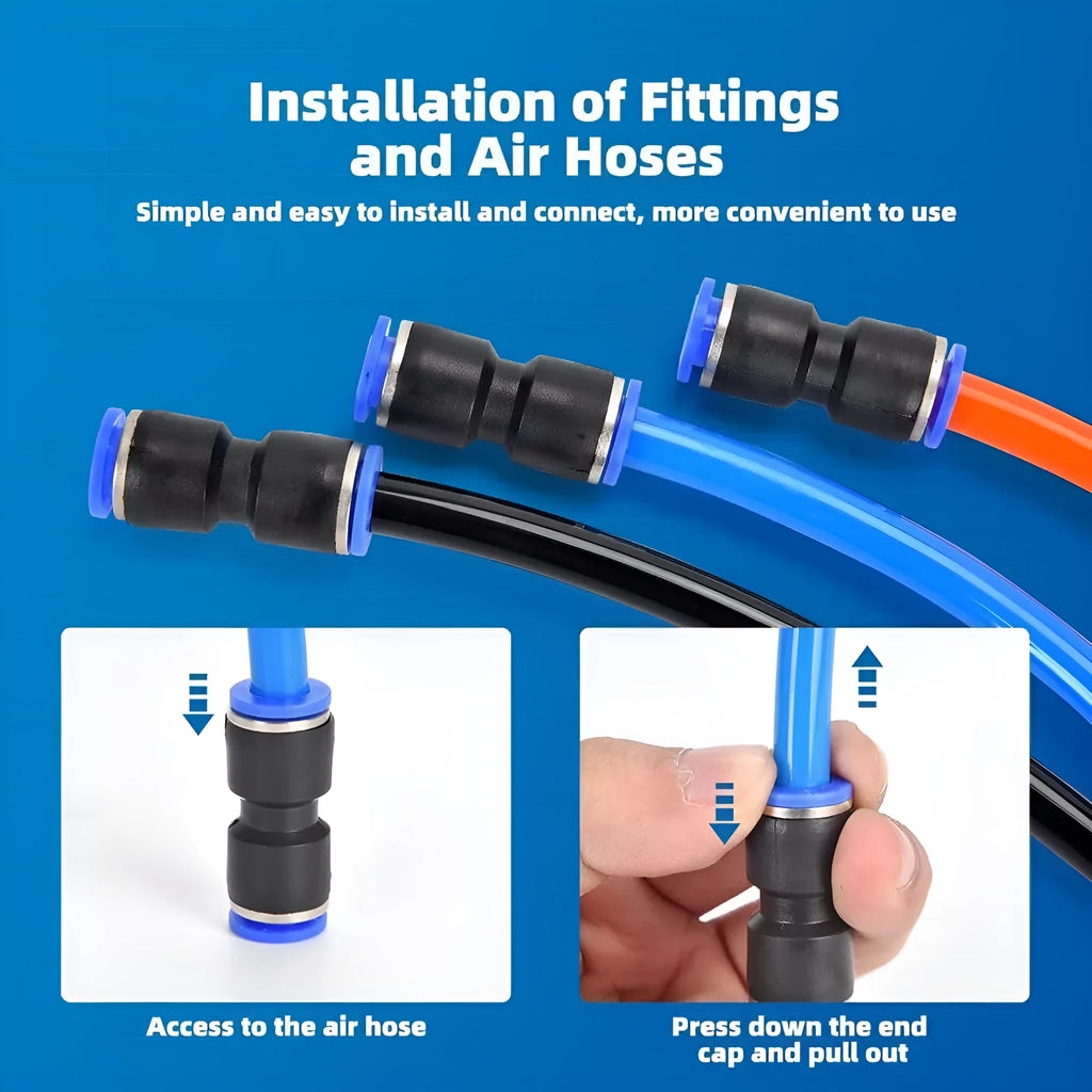 60-piece set of grey alloy plastic pneumatic push-in connectors with R1/4 and R1/2 threads.