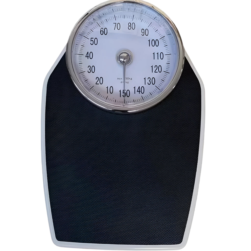 Black mechanical pointer bathroom scale on floor showing large dial and 47x35cm platform.