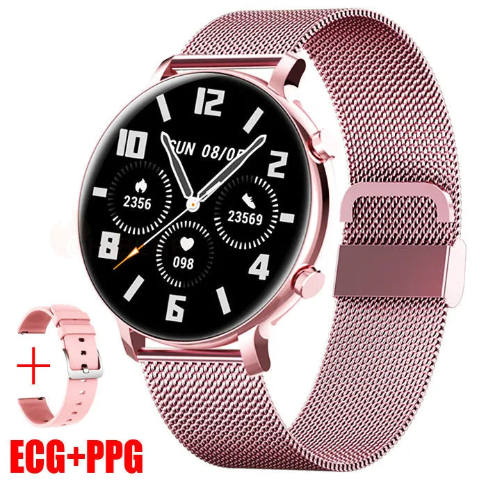 Black Bluetooth smartwatch with stainless steel strap showing call screen and heart rate monitor