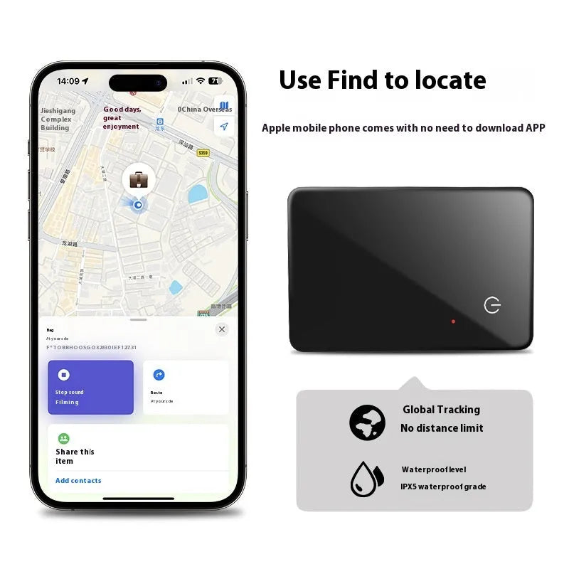 Black pet tracking card with wireless charging, 85mm by 54mm dimensions and hanging hole for collar attachment