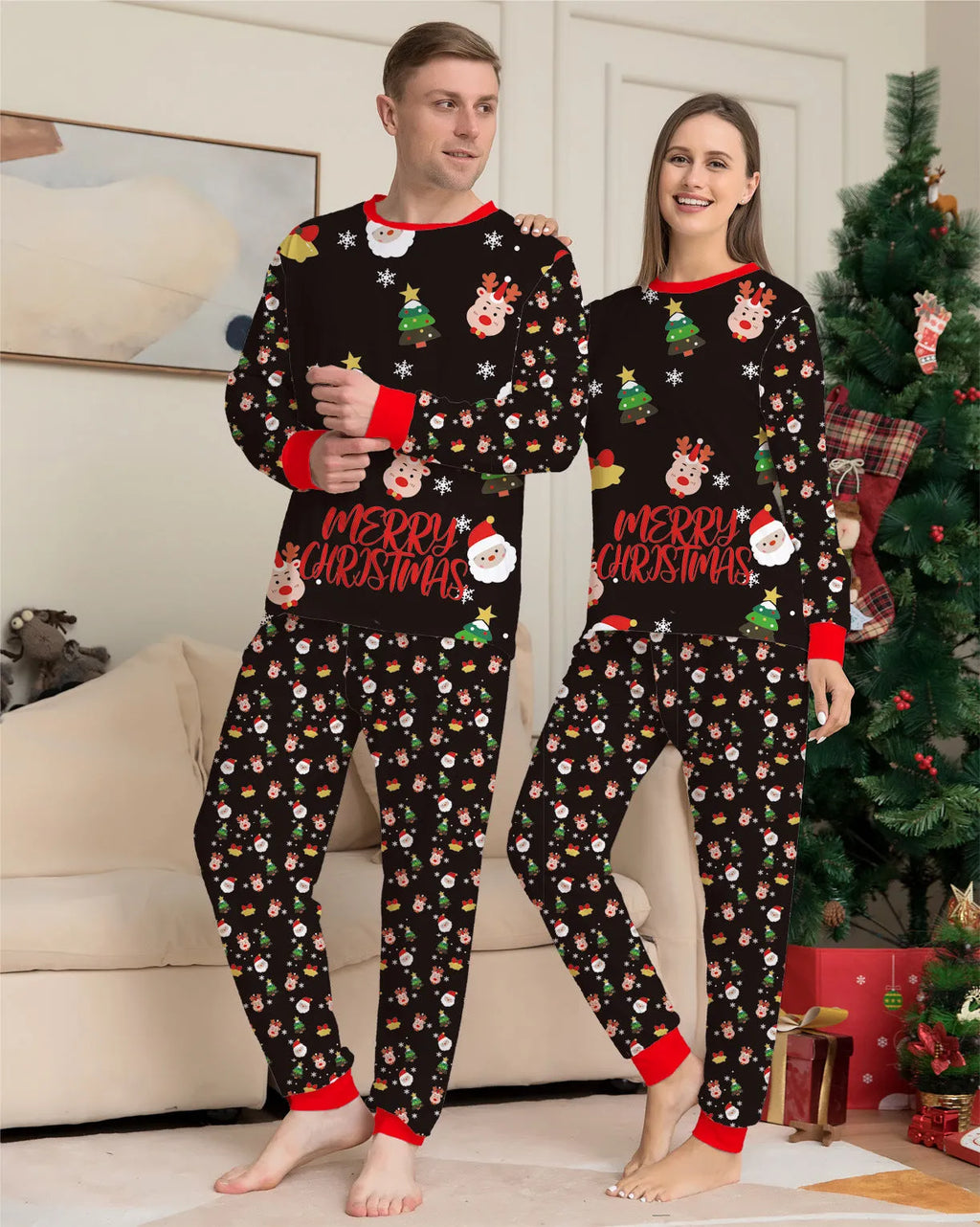 Family Christmas matching pajamas set in cotton fabric with plaid print, showing adult, child and dog sizes
