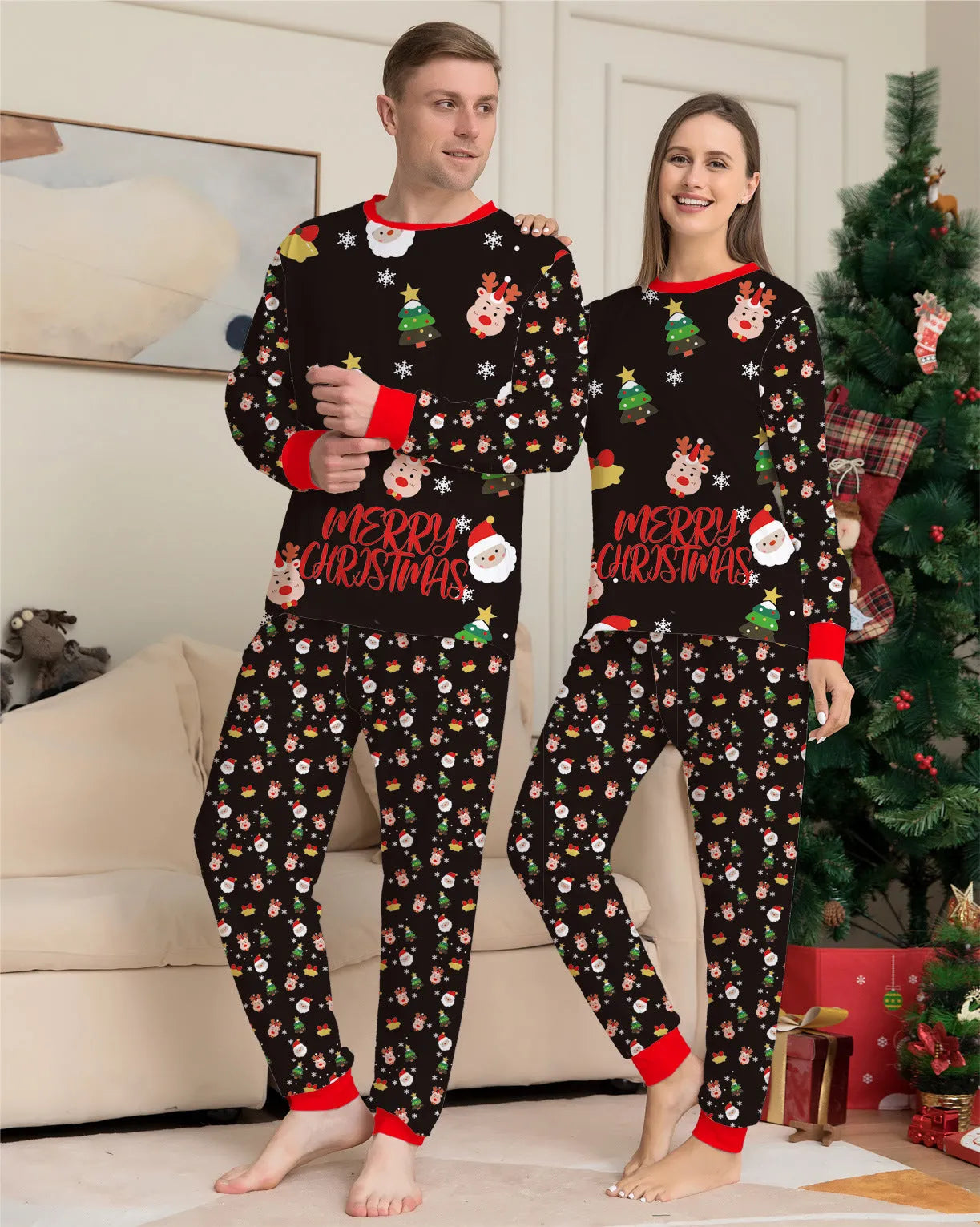 Family Christmas matching pajamas set in cotton fabric with plaid print, showing adult, child and dog sizes