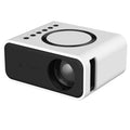 YT300 portable mini projector in black or white with remote control showing 100-inch projection capability