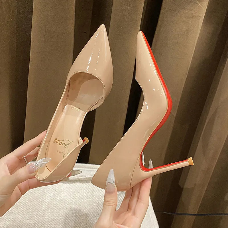 Side empty nude patent leather pointed toe women's high heels with 10cm stiletto heel