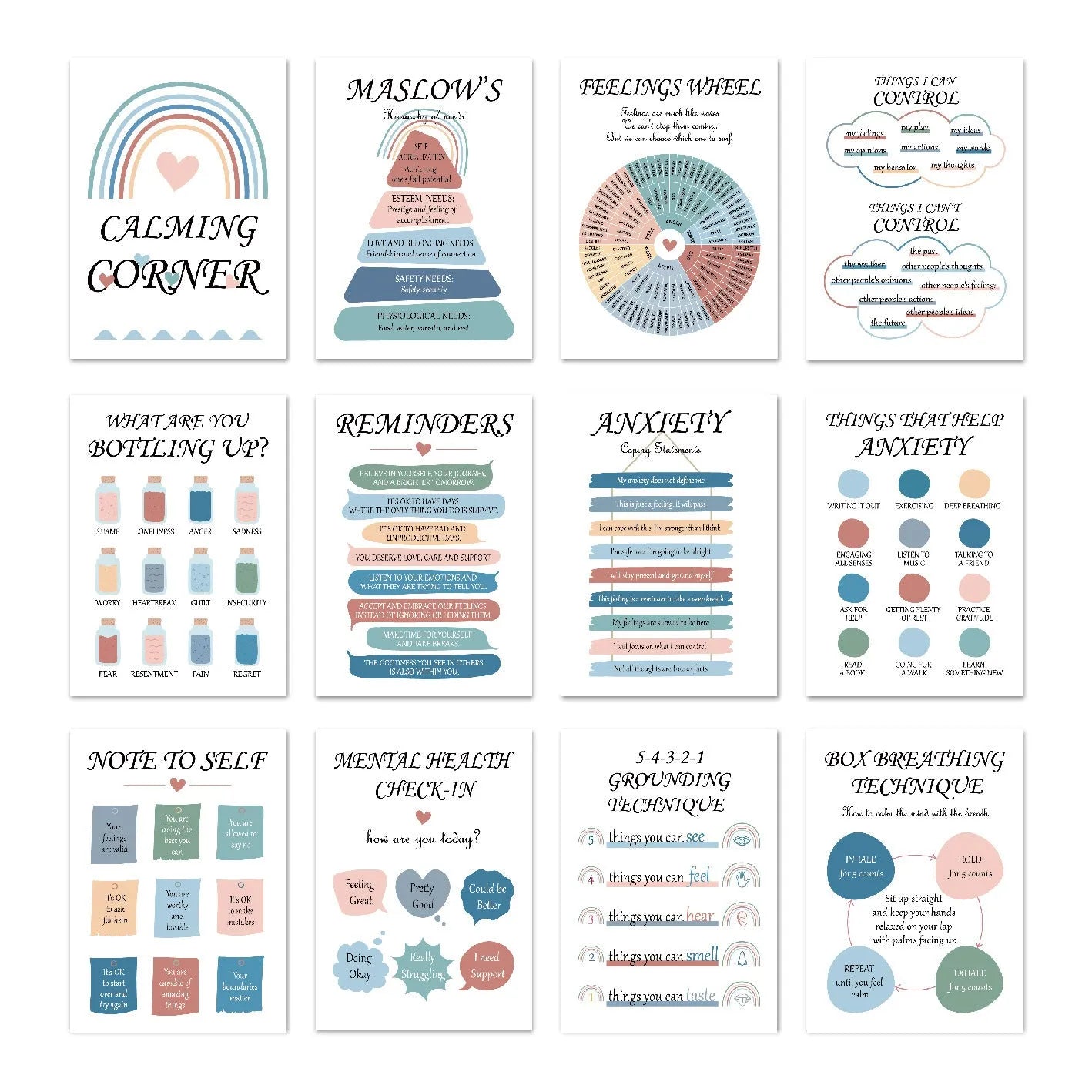 Twelve mental health posters on coated paper with bright film finish, 255x355mm size