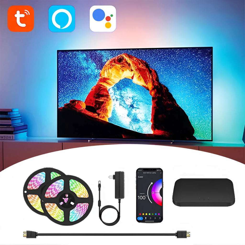 Smart TV atmosphere graffiti effect light with 60 LED beads per metre, sync box, and pure copper HDIM cable behind TV