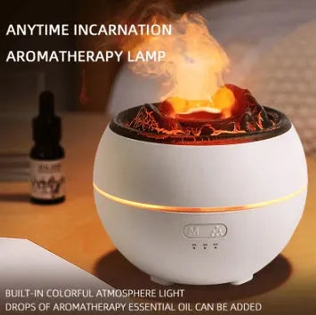 White and black ultrasonic aroma diffuser humidifier with round design and mechanical controls on a desk.