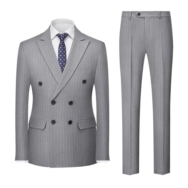 Men's slim fit double-breasted suit jacket and trousers in a choice of six colours.
