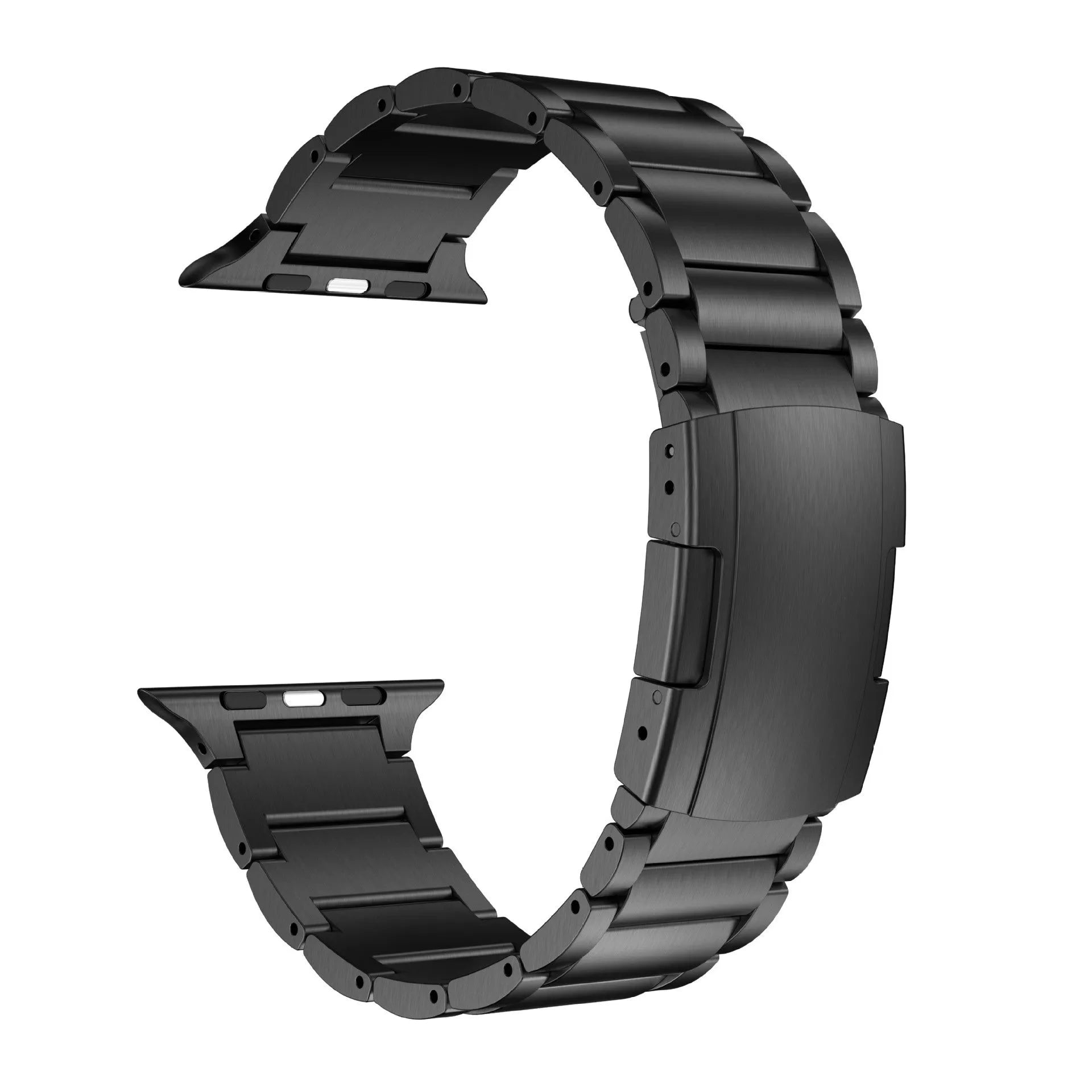 Black titanium metal band with folding buckle for Apple Watch on a grey background