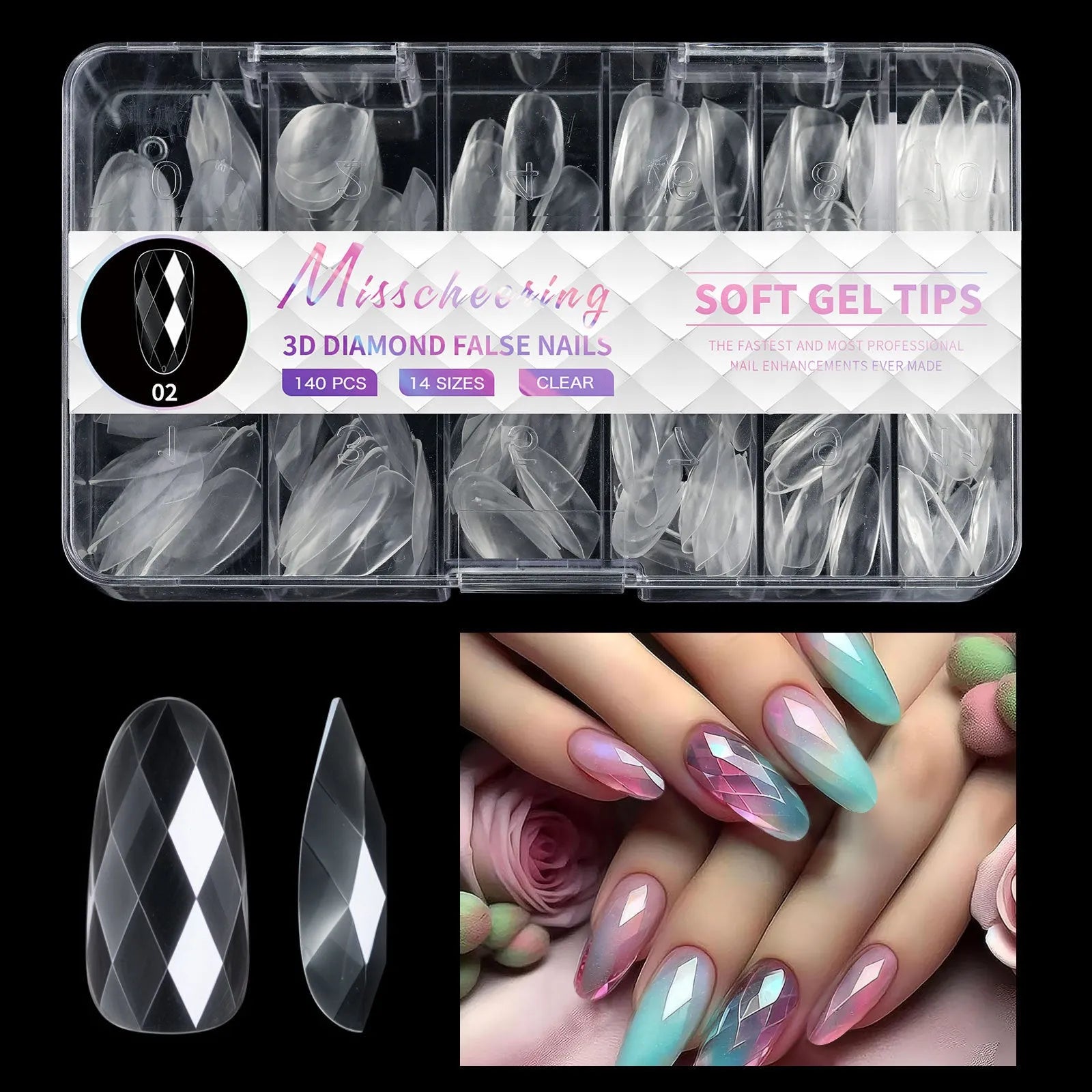 3D diamond texture long false nails in assorted colours, 120-140 pieces per pack