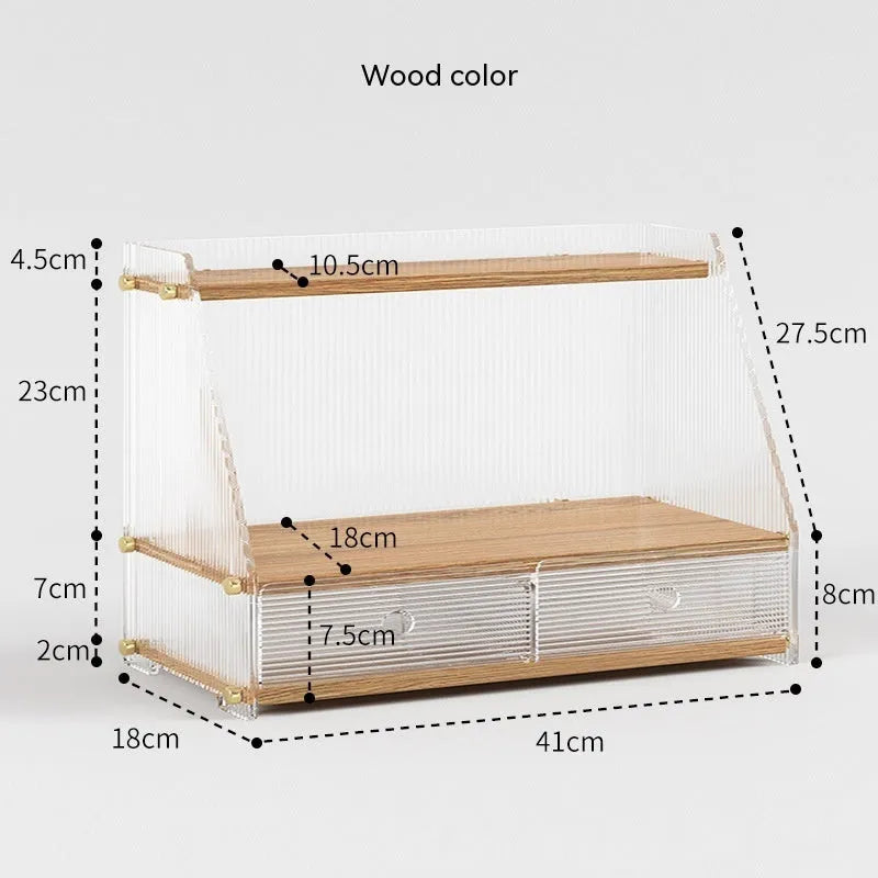 Office acrylic desk storage cabinet in wood colour finish with transparent acrylic sections on desktop