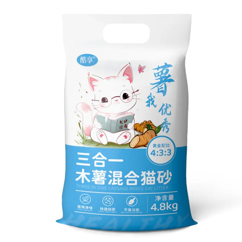 10kg bag of mixed bitter cassava cat litter with tofu and bentonite, dust-free and deodorant, on a white background