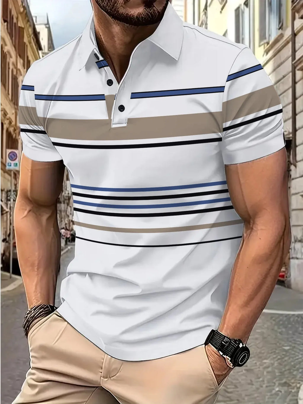 White men's striped short sleeve T-shirt with slim fit for summer casual wear