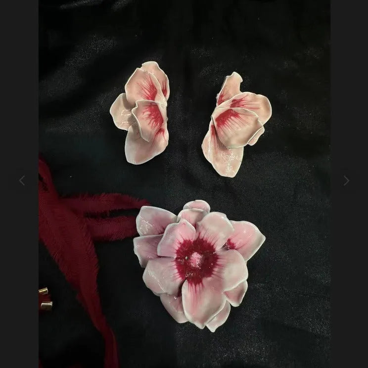 Alloy flower stud earrings with oil-spot glaze finish in blue, green, purple, and rose colour variations