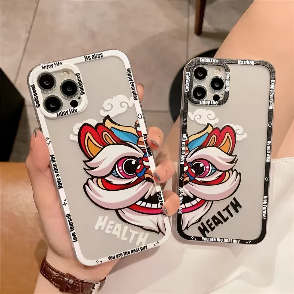 Lion dance hand-painted TPU phone case for Apple iPhone with transparent straight edge and Angel Eyes design in black frame