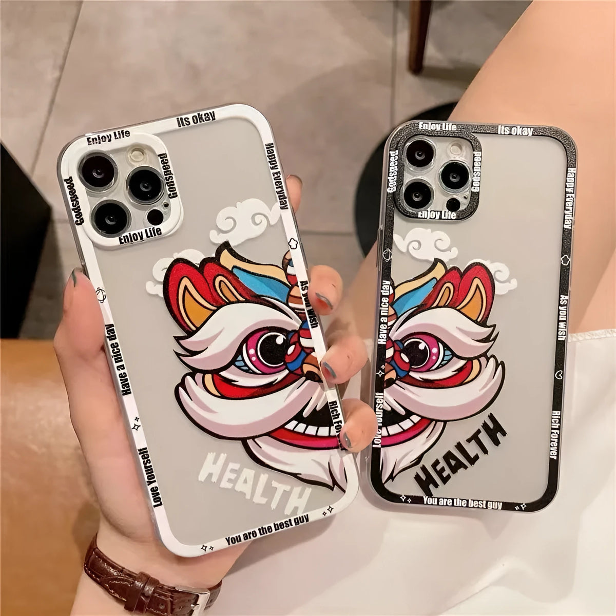 Lion dance hand-painted TPU phone case for Apple iPhone with transparent straight edge and Angel Eyes design in black frame
