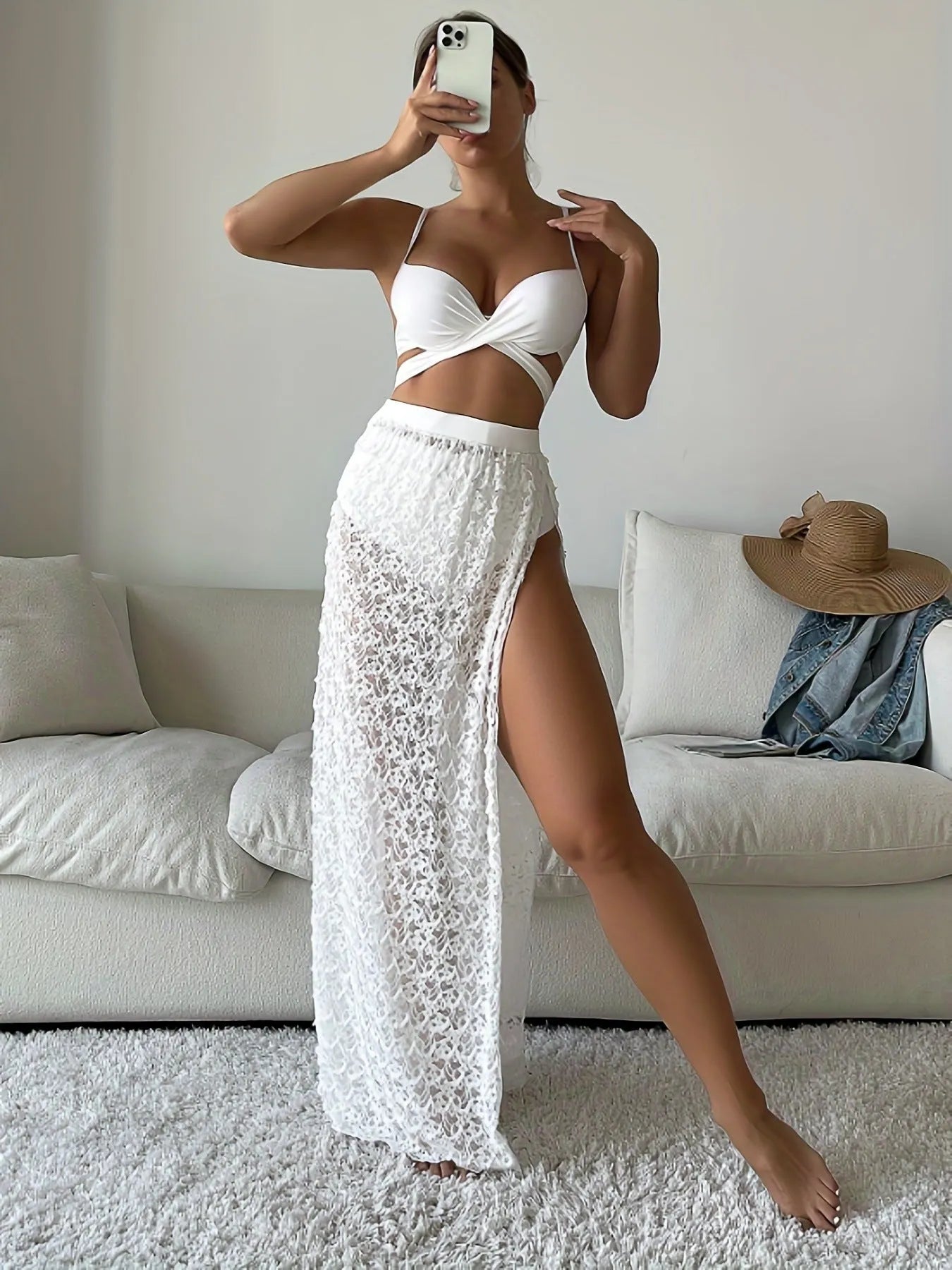 White three-piece swimsuit set with gathered long skirt, sleeveless top and briefs