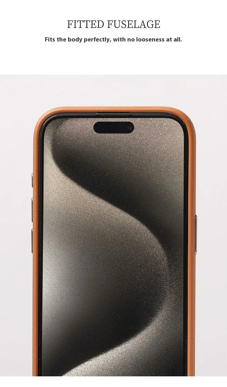 Black leather iPhone protective cover with silver metal lens frame showing MagSafe compatibility