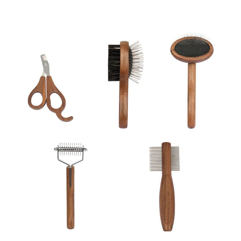 Wooden pet grooming comb set with double-sided comb, rake comb, knot comb, row comb, and nail clippers in storage bucket