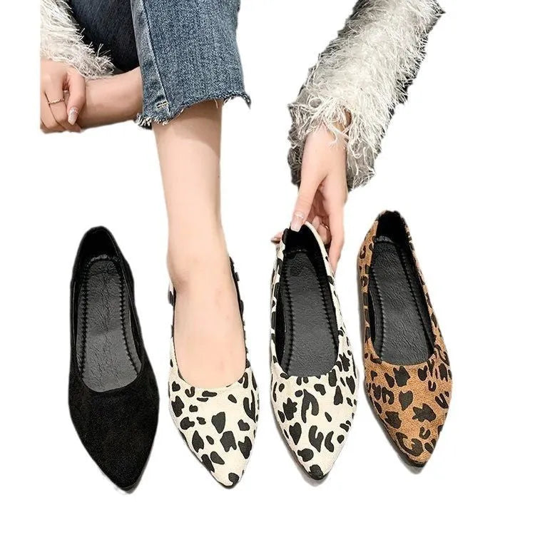 Women's flat pump shoes with a pointed toe in leopard print, beige, and black colour options on a white background.