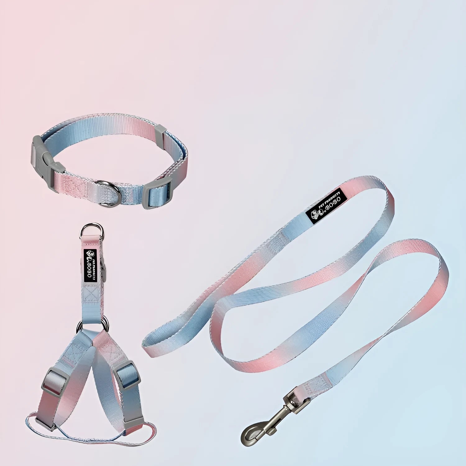 Gradient colour dog leash set with reflective nylon and adjustable chest strap in pink blue pattern