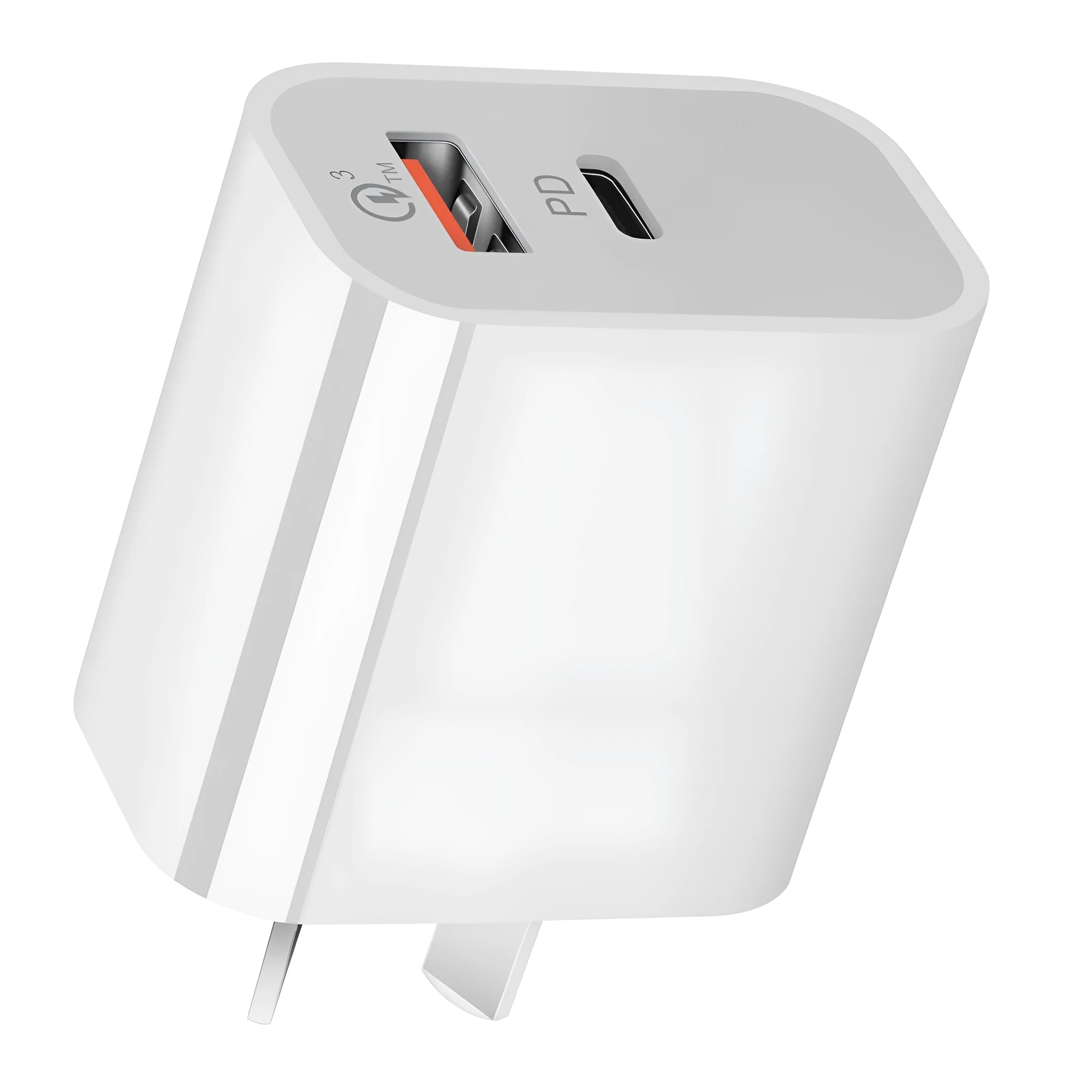 White Australian Standard dual port USB charger with USB-A and USB-C interfaces