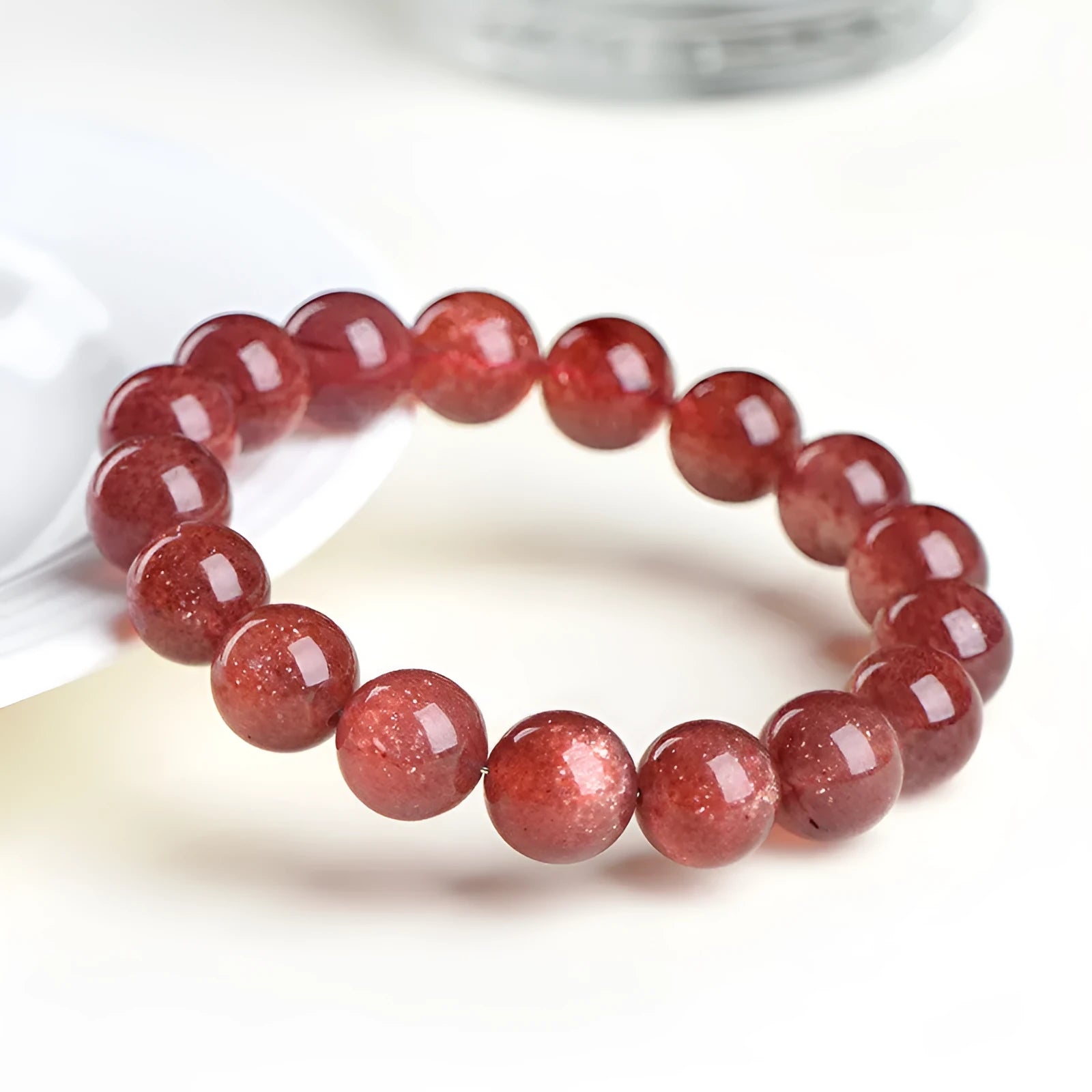 Natural strawberry quartz crystal bracelet with cherry red colour and geometric beads