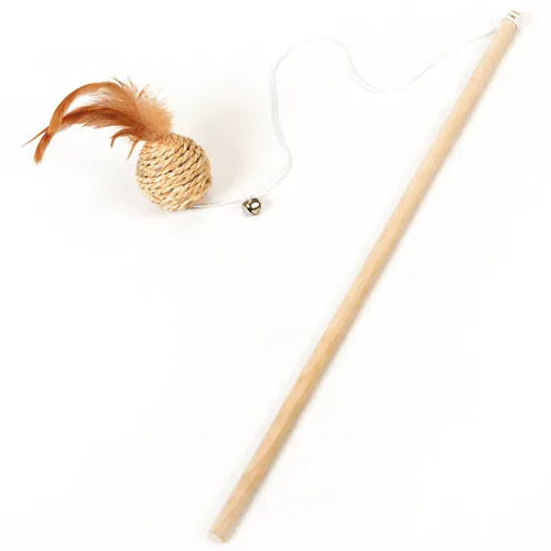 Wooden funny cat stick toy with bell and big feather attachment for interactive cat play