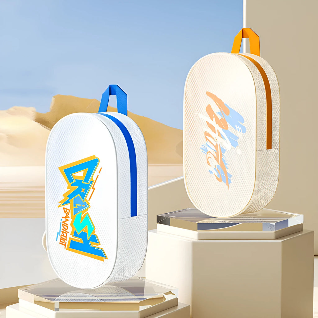 Waterproof EVA swimming storage bag shown in orange, purple, white, and red colours, in small 3L and large 7L sizes.