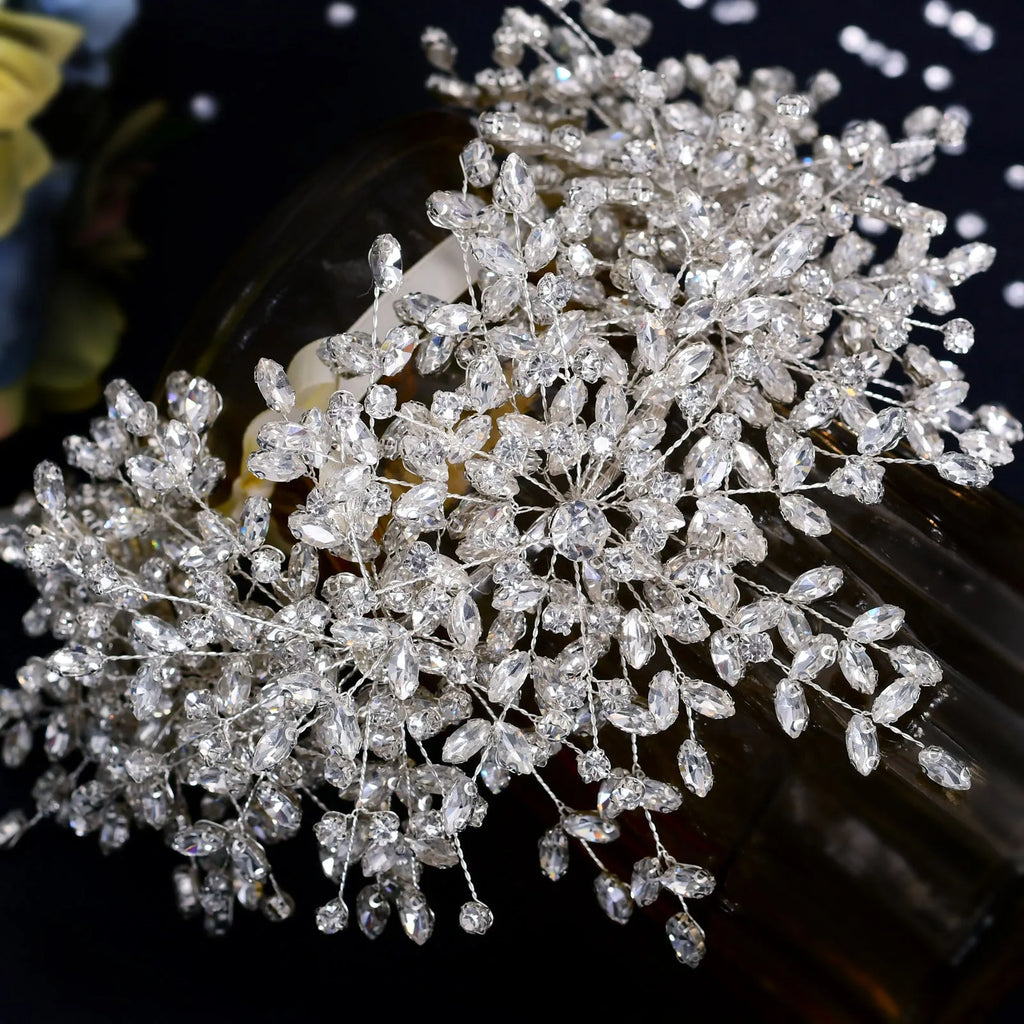 Heavy handmade rhinestone ice and snow queen wedding crown tiara in silver with crystal beaded detailing