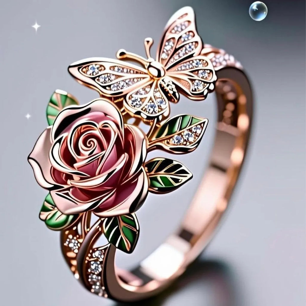 Adjustable fairy style personality ring with colourful oil butterfly and floral insect leaf design in alloy