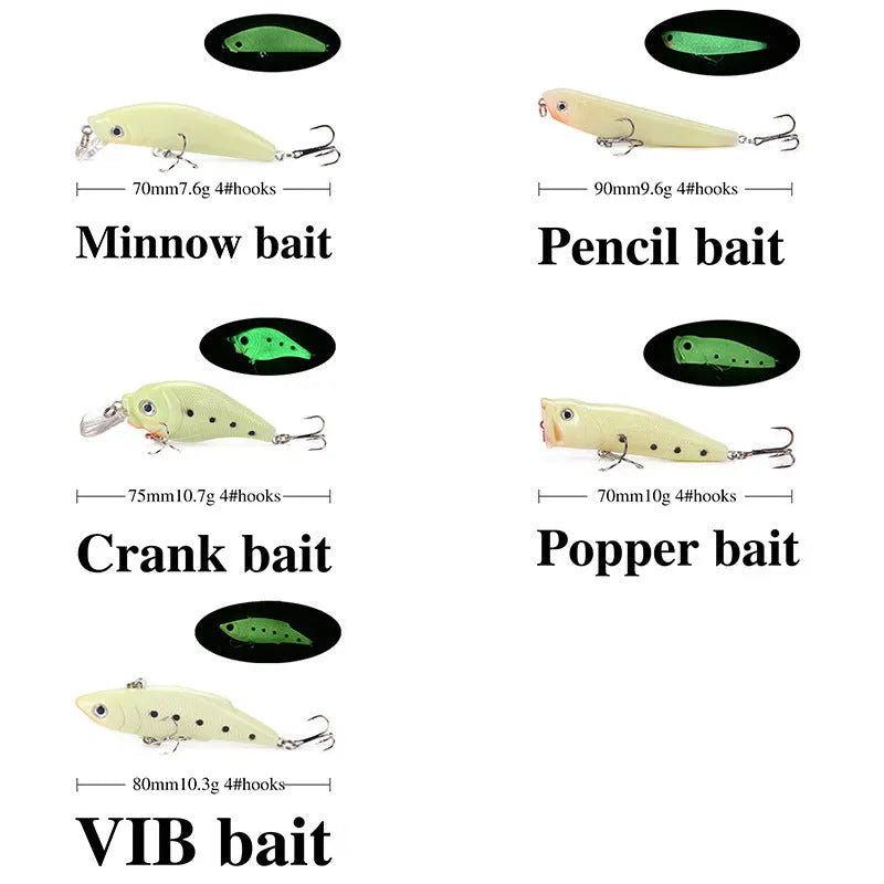 Set of five 3D fluorescent hard fishing lures with luminous finishes in assorted colours