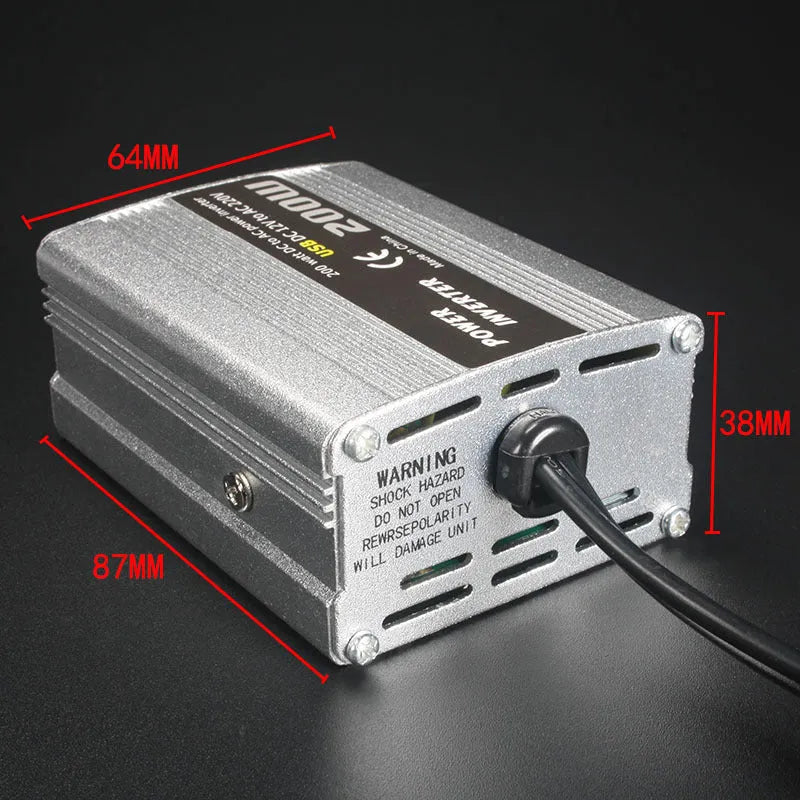 200W car inverter with USB in silver die-cast aluminium housing, 12V to 110V/220V vehicle power converter