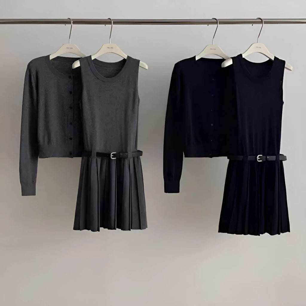 Women's grey art retro two-piece set with pleated vest skirt, adjustable belt, and long-sleeved knitted cardigan.