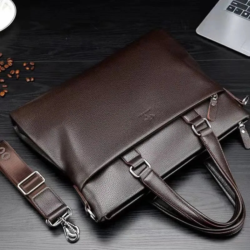 Black and brown PU leather men's shoulder messenger bag with crossbody strap, 35x30cm