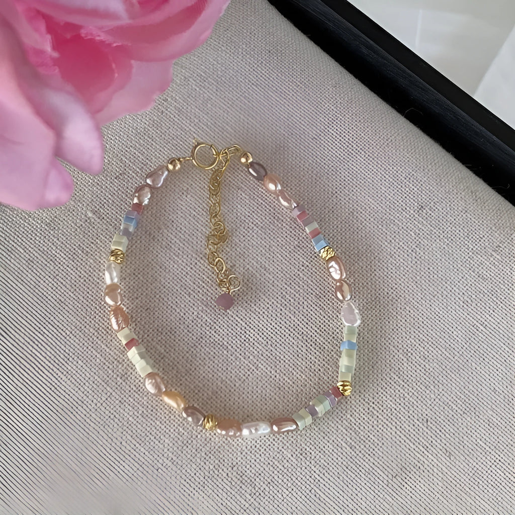Purple natural pearl bracelet and necklace set with 14K gold-plated silver chain.