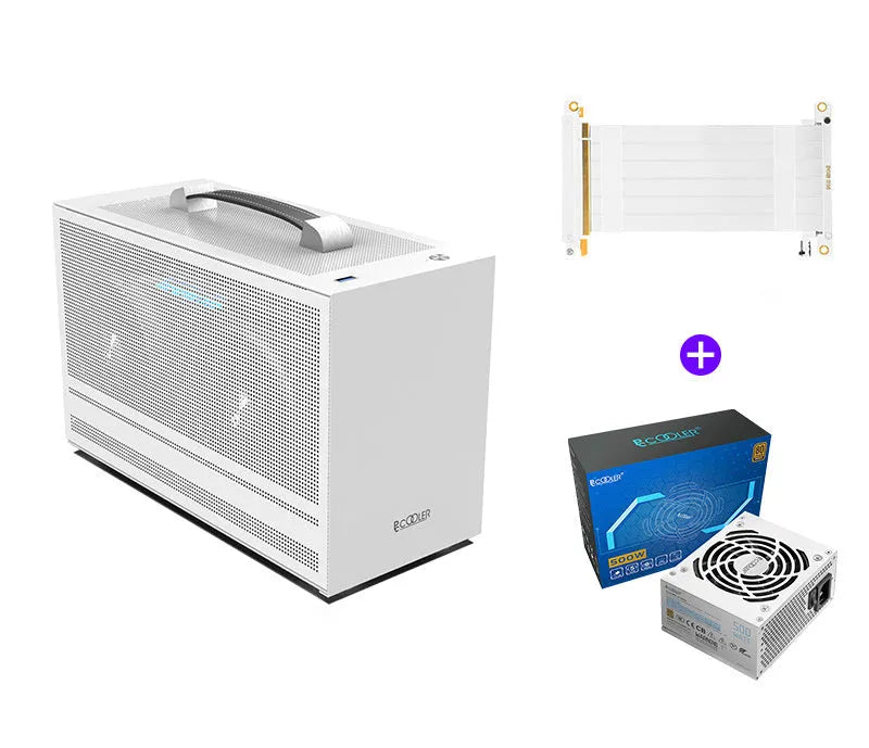 Three Hummingbird Portable compact Mini-ITX desktop computer case in titanium grey showing front panel and side profile.