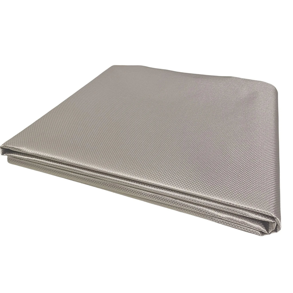 Grey diamond lattice pattern signal shielding fabric with copper and nickel weave.