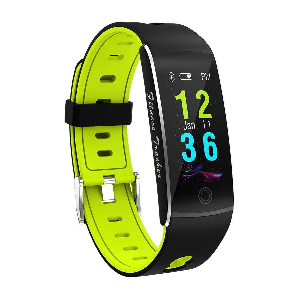 F10T smart bracelet with body temperature monitoring on wrist showing 0.96-inch TFT screen
