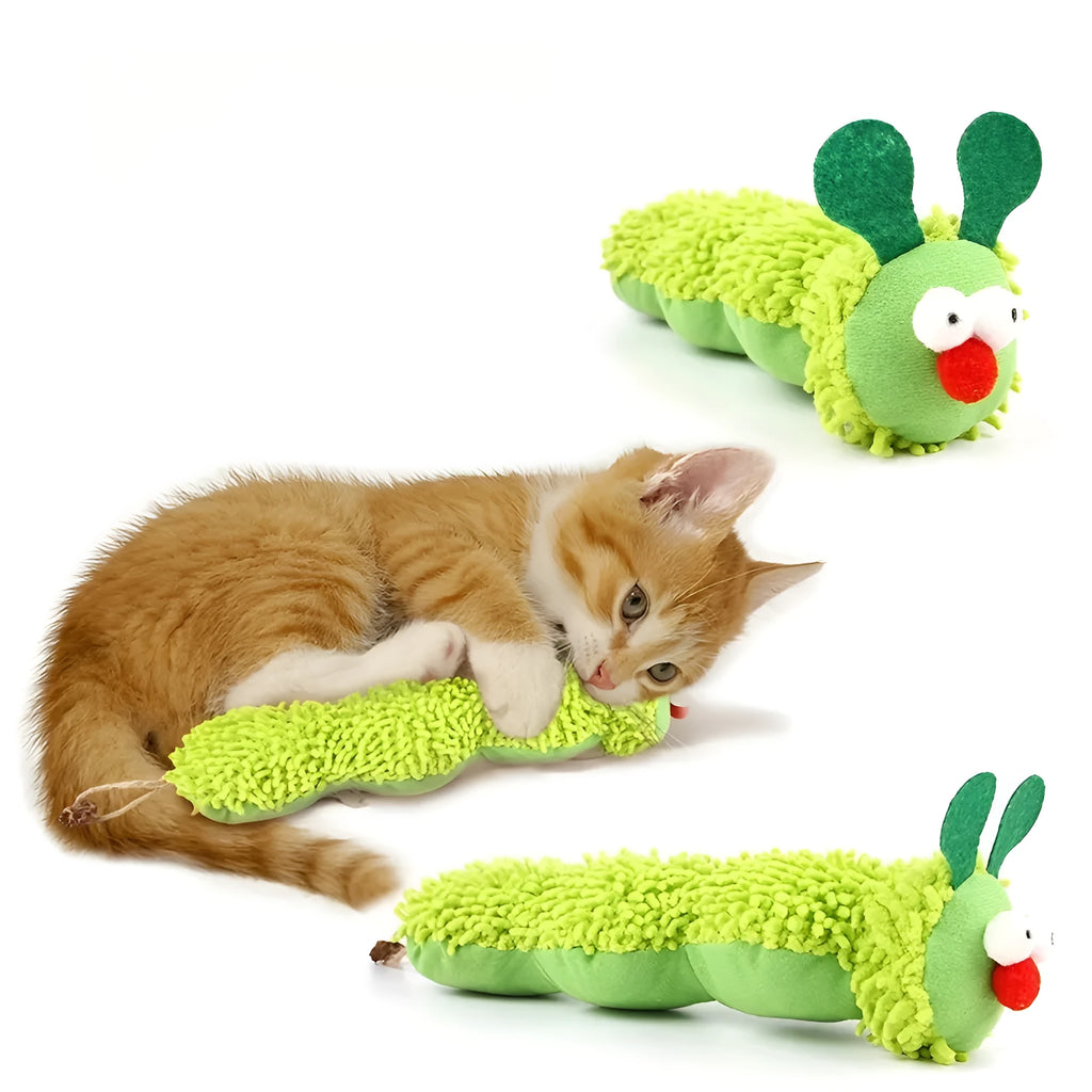 Green interactive cat toy pillow with rechargeable electronic mechanism and soft plush fabric