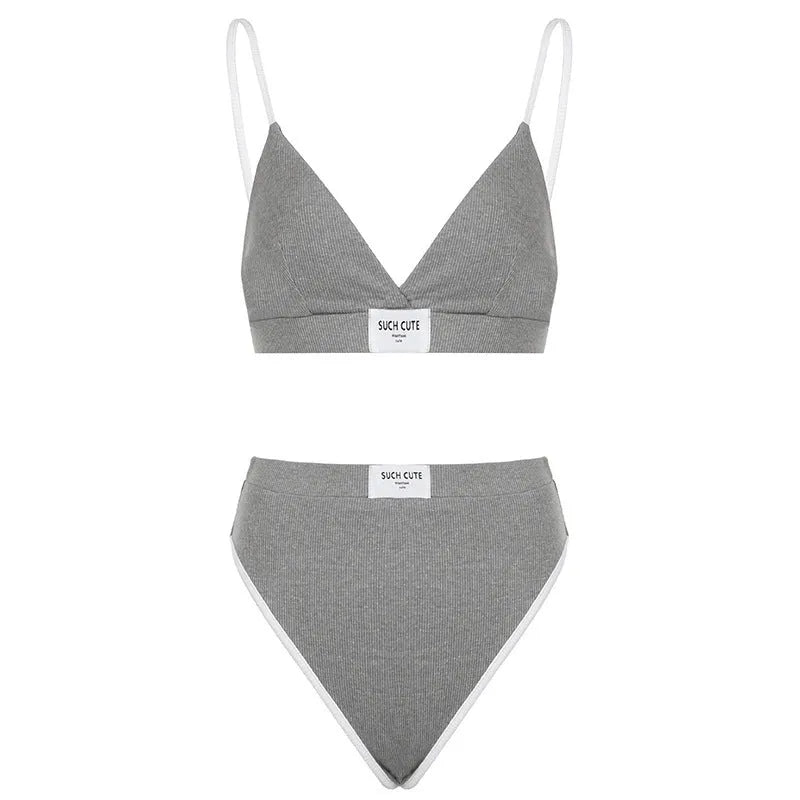 Women's contrast embroidery bikini set in polyester available in black, grey, and white colours