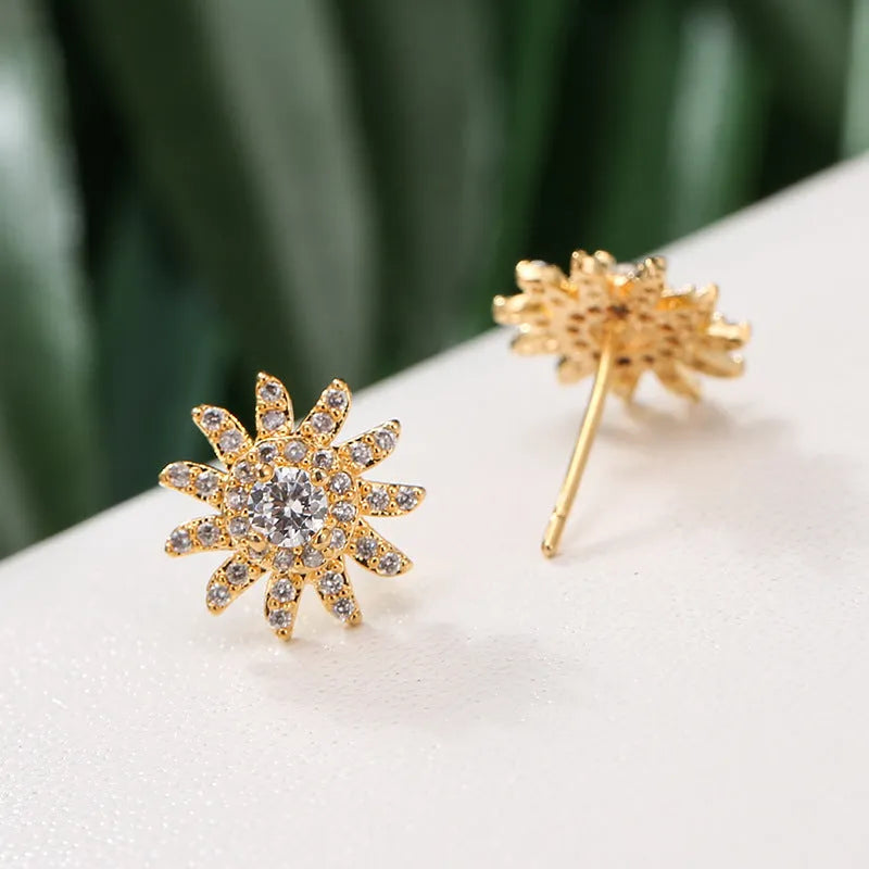 Sunflower ear studs with zircon inlay, copper base, Gold White and Platinum White colour options